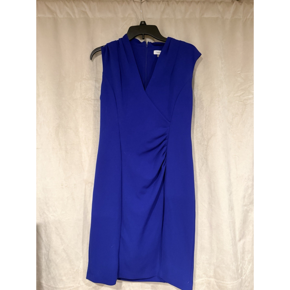 Calvin Klein Womens Royal Blue Ruched Sheath Dress Size 10 Cap Sleeve V Neck - Picture 1 of 8